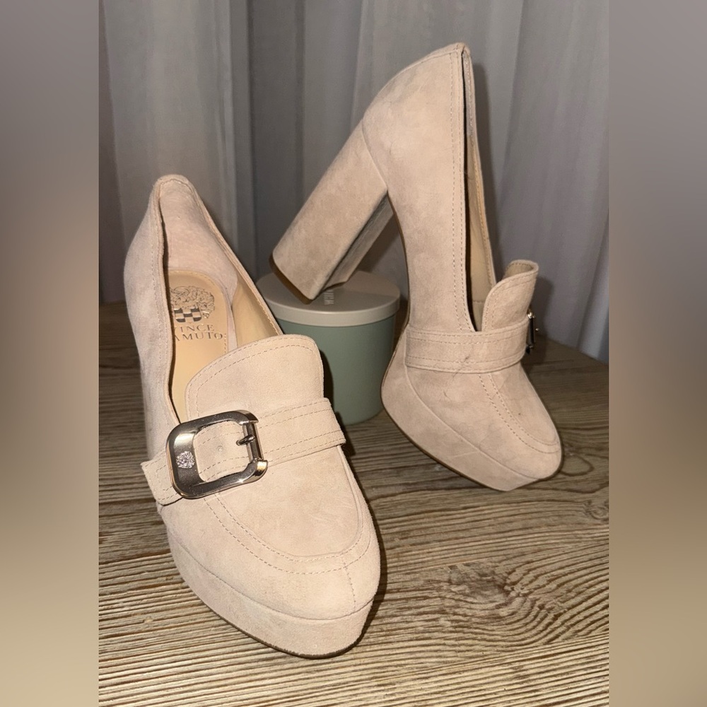 Vince Camuto Tan Block Heel Loafers suede